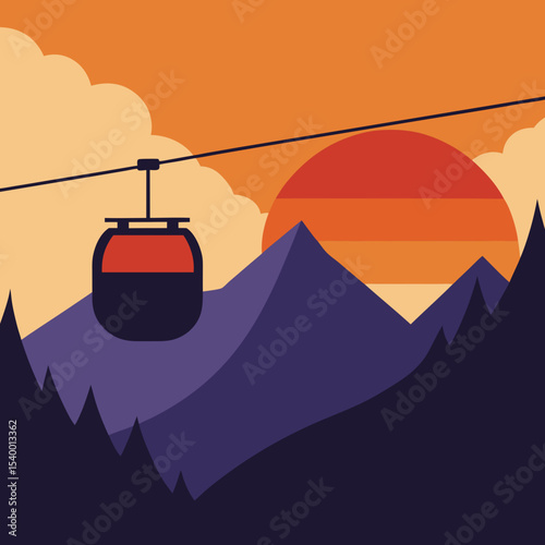 cable car between mountains with sunset effect version two vector illustration