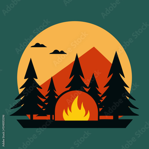 campers cooking over fire with forest and sunset version one vector illustration
