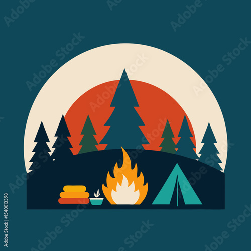 campers cooking over fire with forest and sunset version three vector illustration