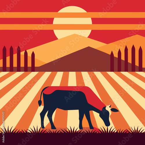 cow grazing in farm under warm stripe glow version two vector illustration
