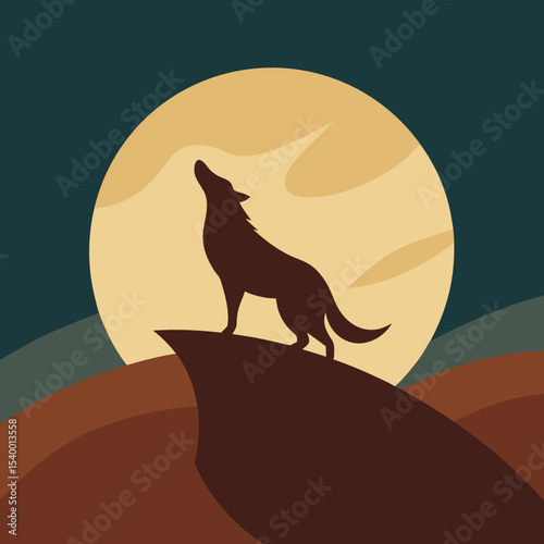 dog howling on moonlit hill in vintage sky version one vector illustration