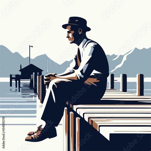 image of a man sitting on a pier with a simple and minimalist flat design using a white background