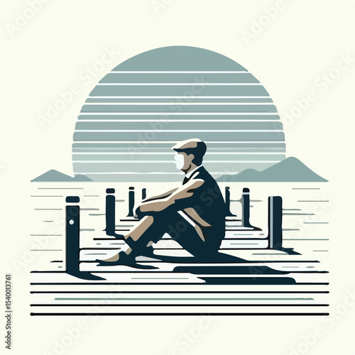 image of a man sitting on a pier with a simple and minimalist flat design using a white background