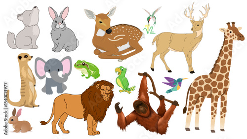 Illustration of various animals including mammals birds and reptiles in a cartoon style drawing style