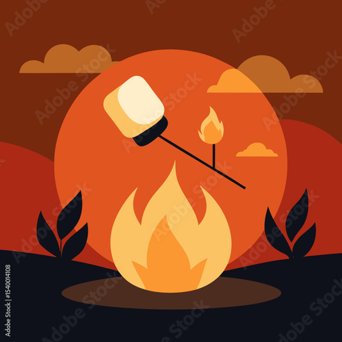 marshmallow roasting by fire under orange sky version one vector illustration