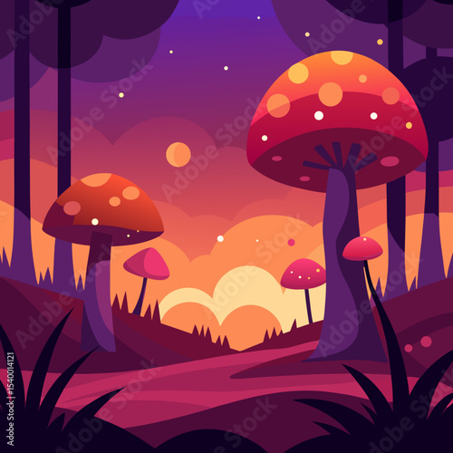 magical forest with glowing mushrooms and sunset main version vector illustration