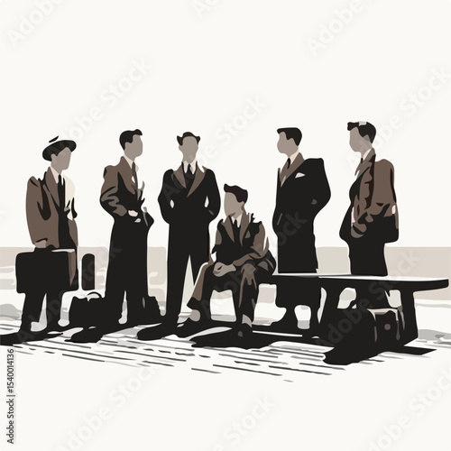 image of a group of men on the pier with a simple and minimalist flat design using a white background