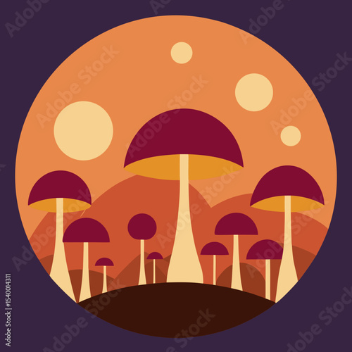 mushroom circle on forest floor with sunset main version vector illustration