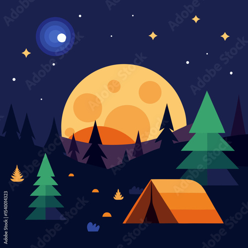 night camping scene with fireflies and layered sun version one vector illustration