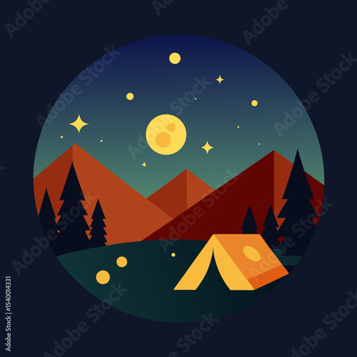 night camping scene with fireflies and layered sun main version vector illustration