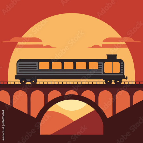old train on bridge with vintage sun backdrop main version vector illustration