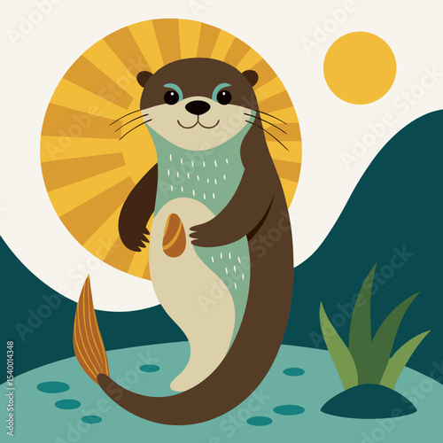 otter holding fish near river with sun stripes main version vector illustration