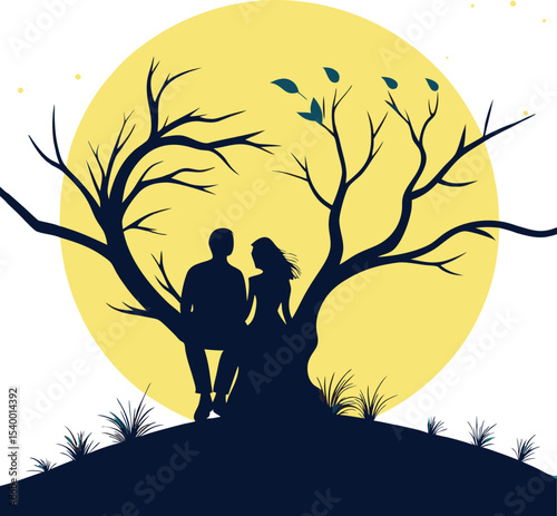 Romantic Couple Sitting on a Tree Branch Under the Glowing Full Moon with Silhouetted Trees