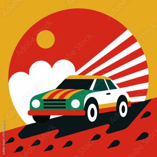 rally car speeding through mud with striped sun version two vector illustration
