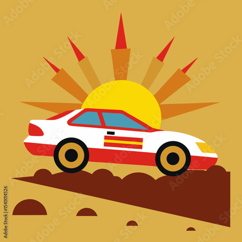 rally car speeding through mud with striped sun version three vector illustration