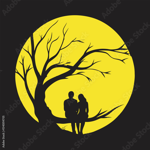 Romantic Couple Sitting on a Tree Branch Under the Glowing Full Moon with Silhouetted Trees photo