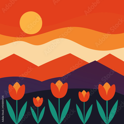 retro tulip field with mountains and sunset layers main version vector illustration