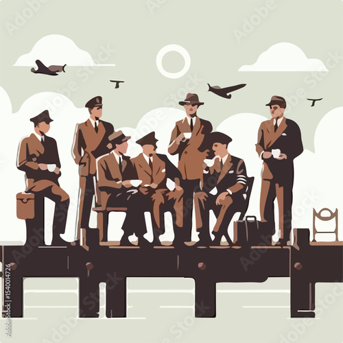image of a group of men drinking coffee on the pier with a simple and minimalist flat design using a white background