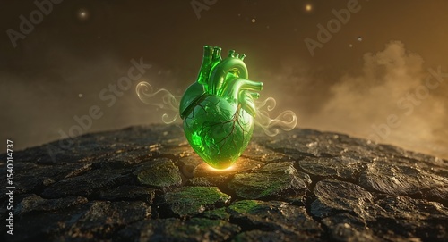 A green glowing heart sits on a cracked surface with smoke around it in a dark environment