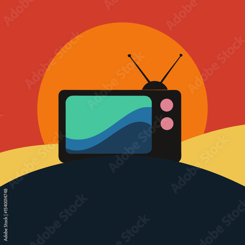 retro tv on hill broadcasting under sunset version two vector illustration