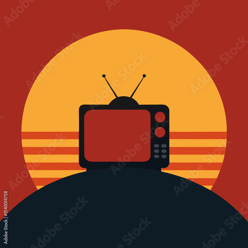 retro tv on hill broadcasting under sunset version three vector illustration