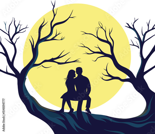 Romantic Couple Sitting on a Tree Branch Under the Glowing Full Moon with Silhouetted Trees