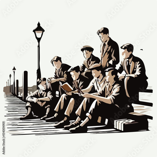 image of a group of men reading books on the pier with a simple and minimalist flat design using a white background