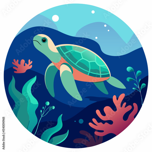 sea turtle swimming in retro underwater circle version one vector illustration