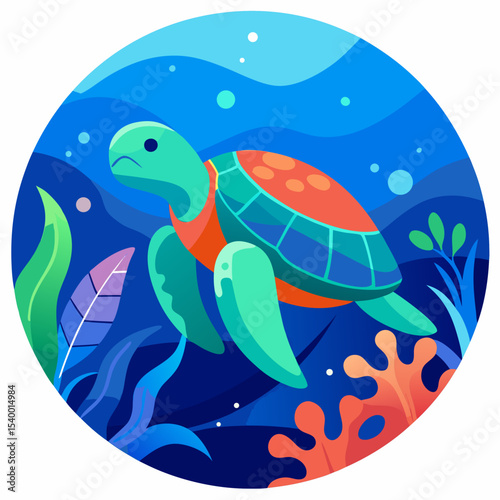 sea turtle swimming in retro underwater circle version two vector illustration