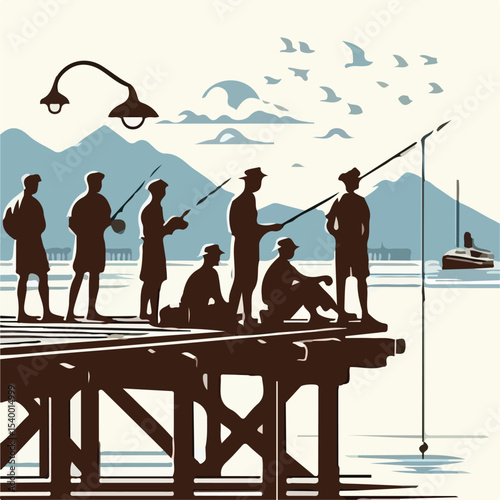 image of a group of men fishing on the pier with a simple and minimalist flat design using a white background