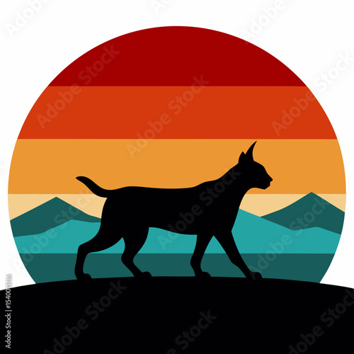 silhouette of lynx walking across retro hills version one vector illustration