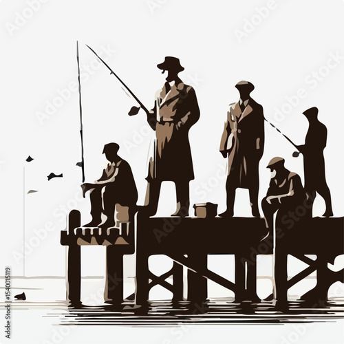 image of a group of men fishing on the pier with a simple and minimalist flat design using a white background