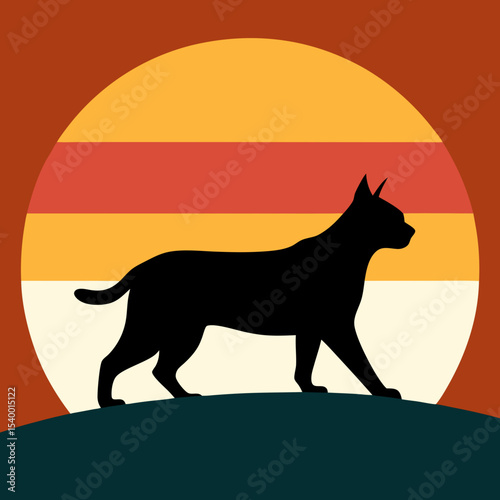 silhouette of lynx walking across retro hills version two vector illustration