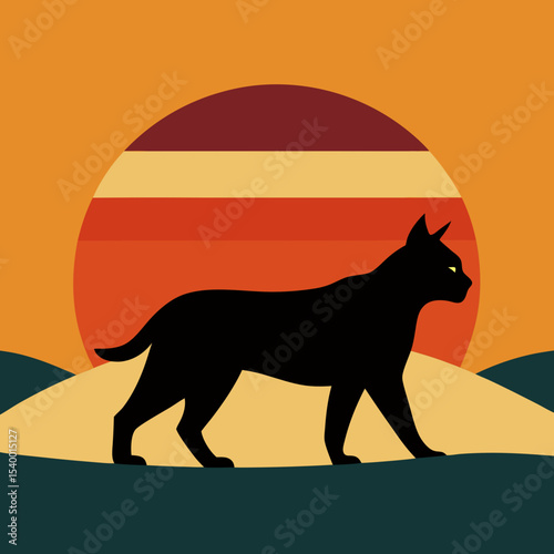 silhouette of lynx walking across retro hills version three vector illustration