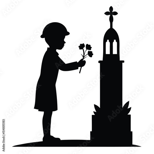 Child's Remembrance Placing Flowers at a Memorial
