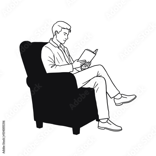 Man Reading Book in Armchair Black and White Line Art Illustration