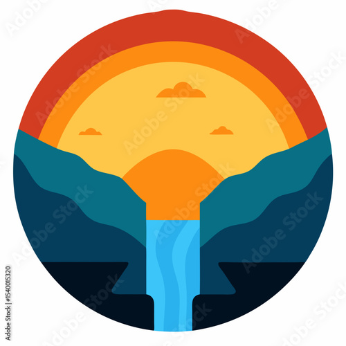 sunset waterfall flowing into circular reflection version one vector illustration