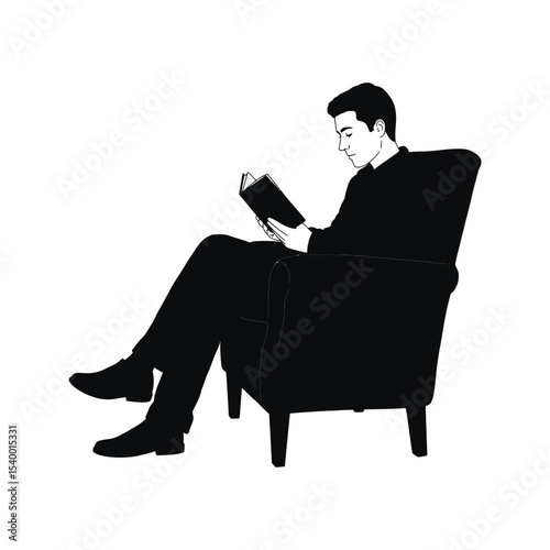 Man reading book in armchair black and white silhouette illustration relaxation leisure reading habit
