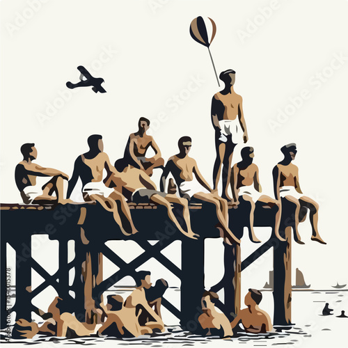 image of a group of men sunbathing on a pier with a simple and minimalist flat design using a white background