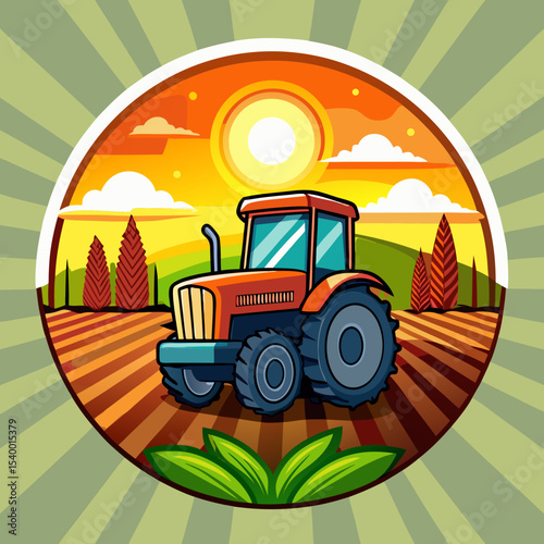tractor on farmland with glowing sun badge main version vector illustration