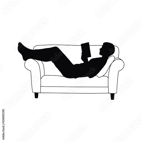 Relaxing man reading a book on a couch black and white silhouette vector illustration