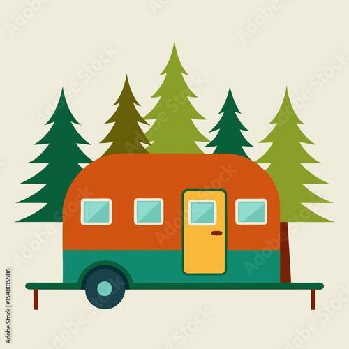vintage camper trailer under pine trees and sun version one vector illustration