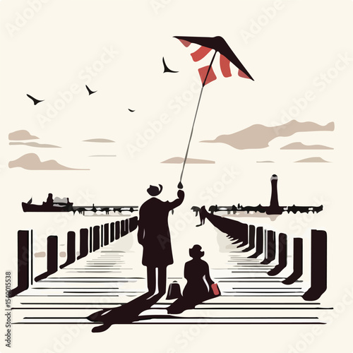 image of a man and woman playing kites on a pier with a simple and minimalist flat design using a white background