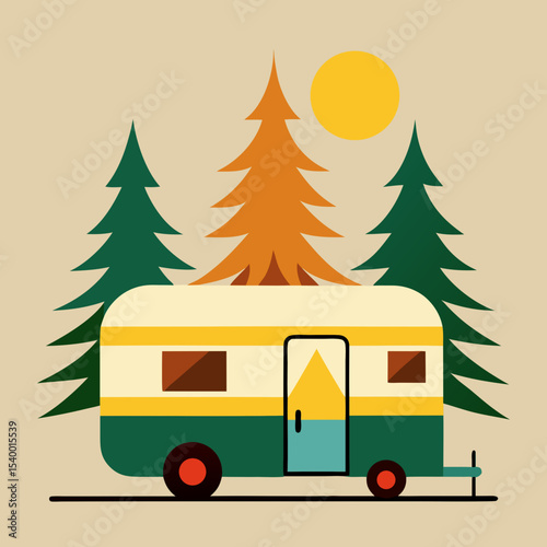 vintage camper trailer under pine trees and sun main version vector illustration