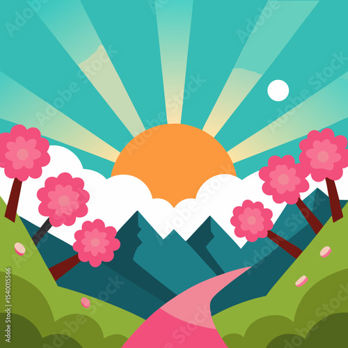 valley filled with cherry blossoms under sunburst two main version vector illustration