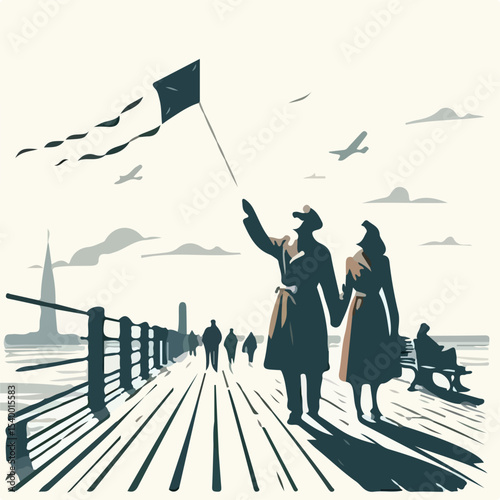 image of a man and woman playing kites on a pier with a simple and minimalist flat design using a white background