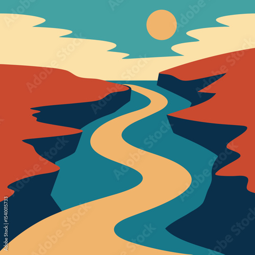 winding river through canyon with vintage sky main version vector illustration