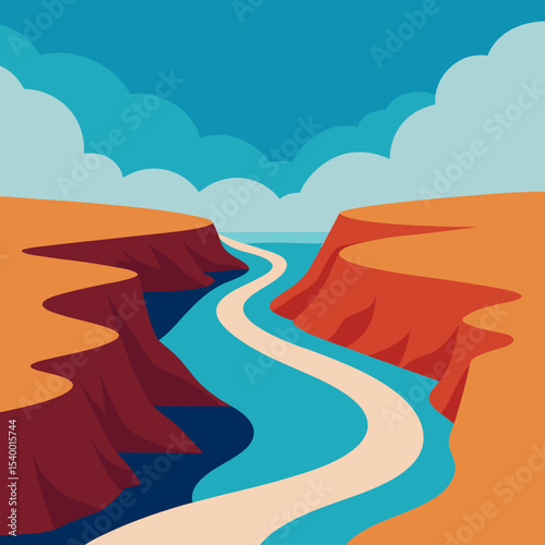 winding river through canyon with vintage sky 2d animation style vector illustration