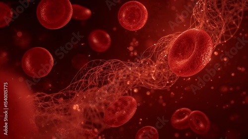 A microscopic view of red blood cells flowing through a network of fibrin strands in blood clot