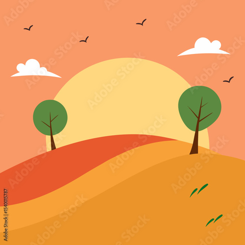 windy hill with scattered trees under warm sun stripes main version vector illustration